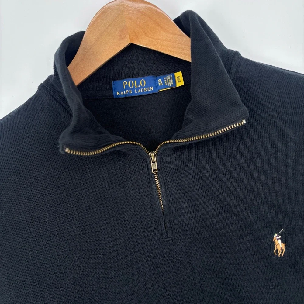 Polo Ralph Lauren 1/4 Zip Sweatshirt Mens XL Black Cotton Flesh Pony Preppy